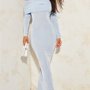 Pretty little thing dress BLUE ACETATE SLINKY BARDOT LONG SLEEVE MAXI DRESS